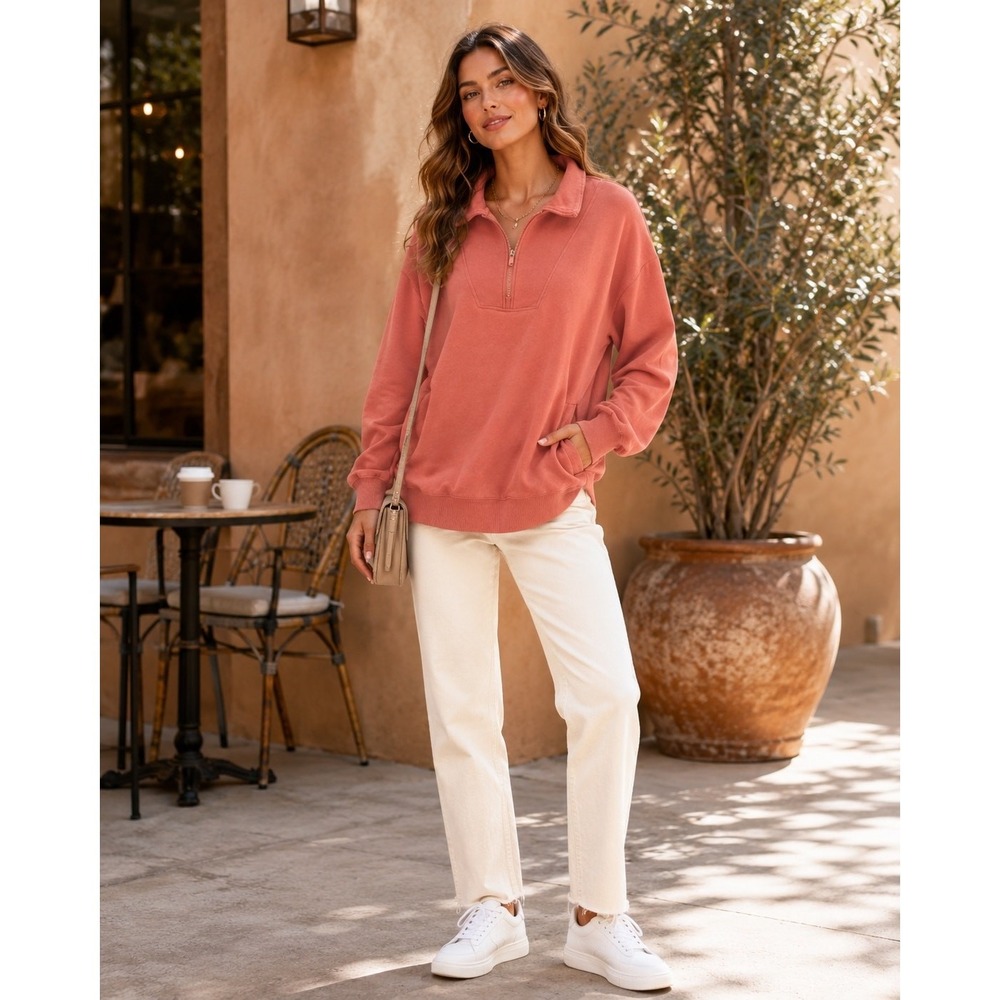 Women's XL Terracotta Half Zip Pullover Modal Blend Oversized Athleisure Pockets